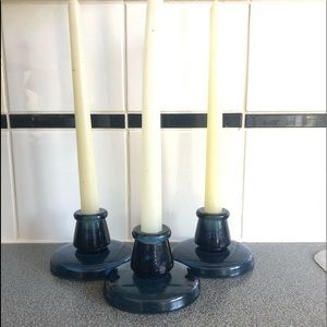 3 blue glass candle sticks